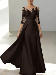 A Line Princess Scoop Satin Mother Of The Bride Dresses 3 4 Sleeves Lace Floor Length Floral