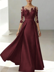 A Line Princess Scoop Satin Mother Of The Bride Dresses 3 4 Sleeves Lace Floor Length Floral