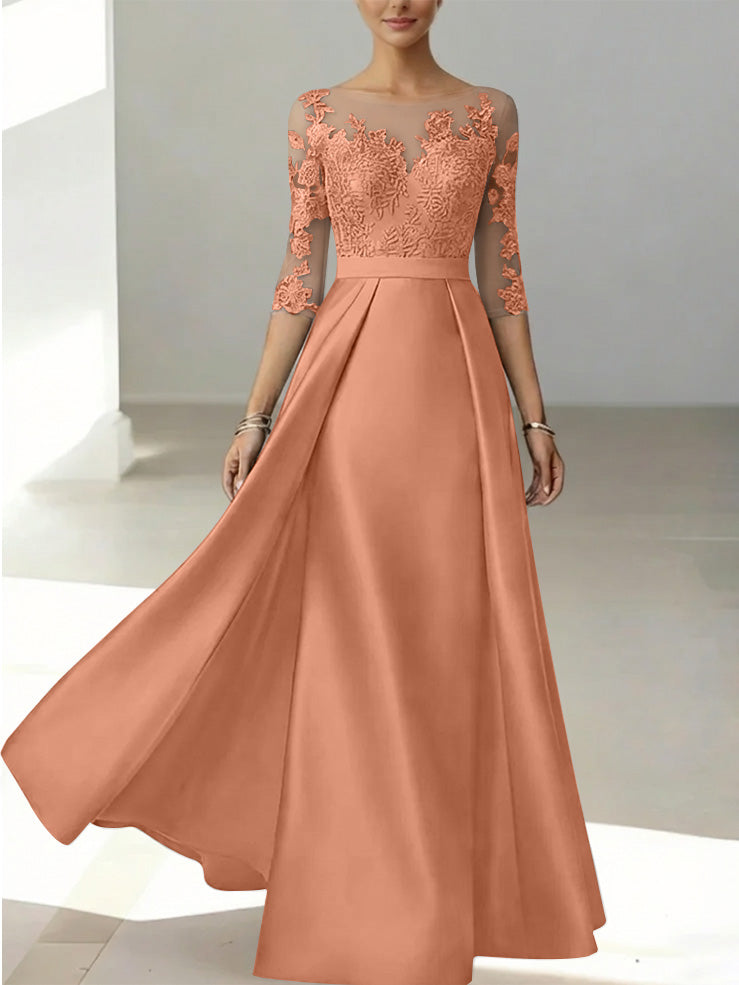 A Line Princess Scoop Satin Mother Of The Bride Dresses 3 4 Sleeves Lace Floor Length Floral