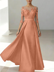A Line Princess Scoop Satin Mother Of The Bride Dresses 3 4 Sleeves Lace Floor Length Floral