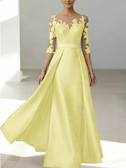 A Line Princess Scoop Satin Mother Of The Bride Dresses 3 4 Sleeves Lace Floor Length Floral