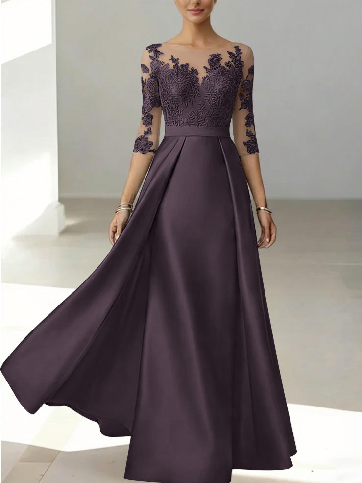 A Line Princess Scoop Satin Mother Of The Bride Dresses 3 4 Sleeves Lace Floor Length Floral
