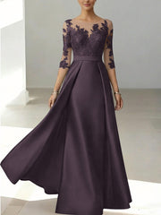 A Line Princess Scoop Satin Mother Of The Bride Dresses 3 4 Sleeves Lace Floor Length Floral