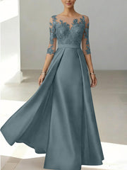 A Line Princess Scoop Satin Mother Of The Bride Dresses 3 4 Sleeves Lace Floor Length Floral