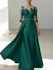 A Line Princess Scoop Satin Mother Of The Bride Dresses 3 4 Sleeves Lace Floor Length Floral