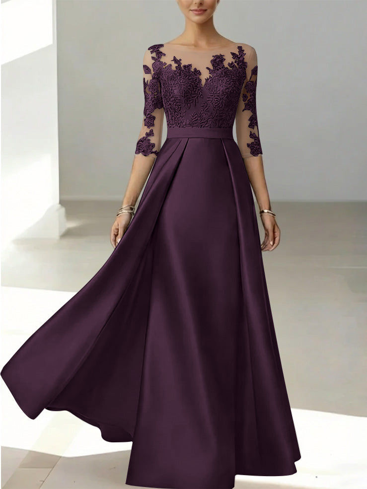 A Line Princess Scoop Satin Mother Of The Bride Dresses 3 4 Sleeves Lace Floor Length Floral