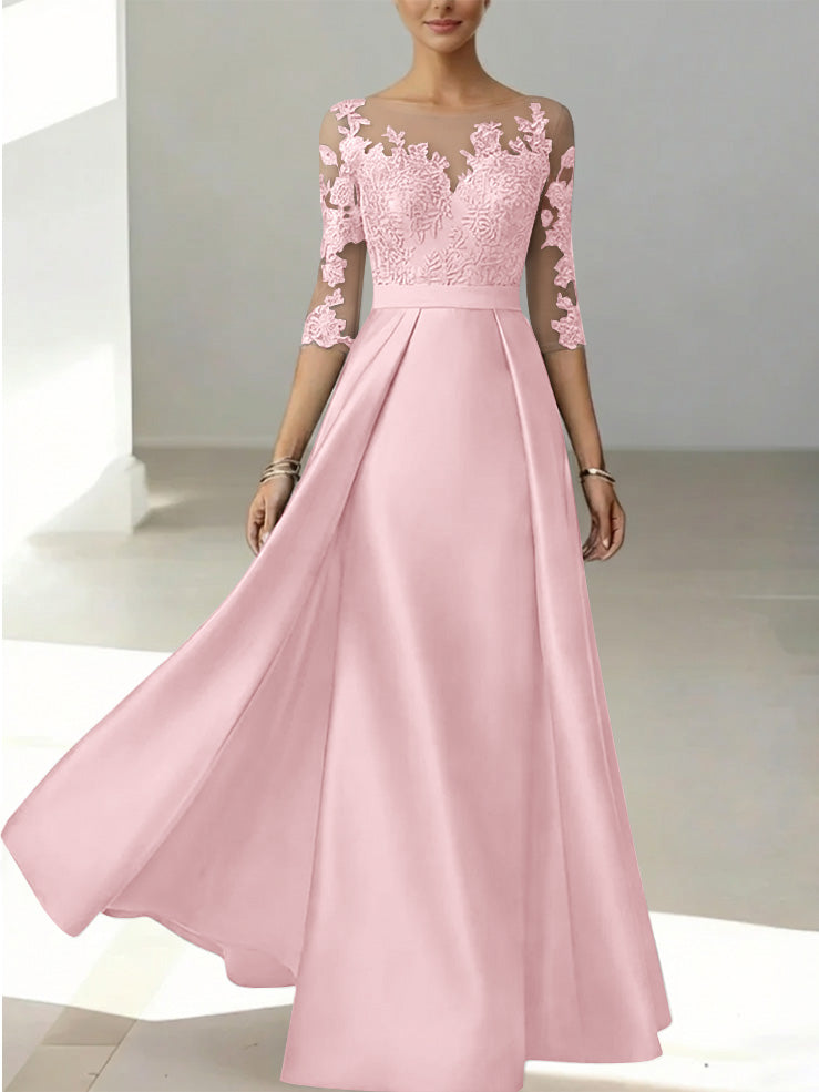 A Line Princess Scoop Satin Mother Of The Bride Dresses 3 4 Sleeves Lace Floor Length Floral