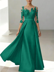 A Line Princess Scoop Satin Mother Of The Bride Dresses 3 4 Sleeves Lace Floor Length Floral
