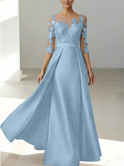 A Line Princess Scoop Satin Mother Of The Bride Dresses 3 4 Sleeves Lace Floor Length Floral