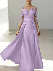 A Line Princess Scoop Satin Mother Of The Bride Dresses 3 4 Sleeves Lace Floor Length Floral