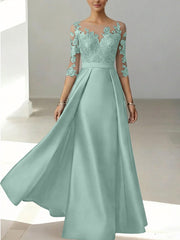 A Line Princess Scoop Satin Mother Of The Bride Dresses 3 4 Sleeves Lace Floor Length Floral