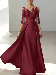A Line Princess Scoop Satin Mother Of The Bride Dresses 3 4 Sleeves Lace Floor Length Floral