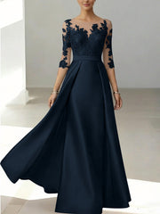 A Line Princess Scoop Satin Mother Of The Bride Dresses 3 4 Sleeves Lace Floor Length Floral