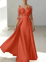 A Line Princess Scoop Satin Mother Of The Bride Dresses 3 4 Sleeves Lace Floor Length Floral