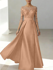 A Line Princess Scoop Satin Mother Of The Bride Dresses 3 4 Sleeves Lace Floor Length Floral