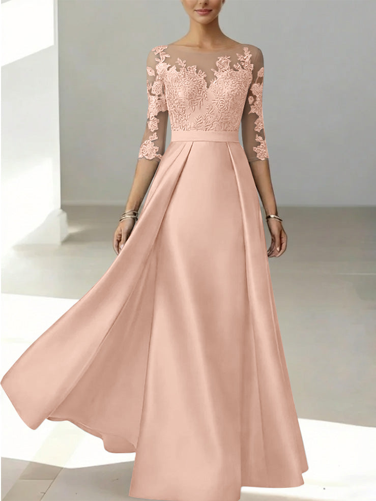 A Line Princess Scoop Satin Mother Of The Bride Dresses 3 4 Sleeves Lace Floor Length Floral
