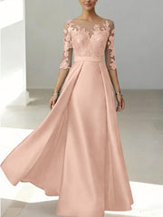 A Line Princess Scoop Satin Mother Of The Bride Dresses 3 4 Sleeves Lace Floor Length Floral