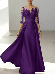 A Line Princess Scoop Satin Mother Of The Bride Dresses 3 4 Sleeves Lace Floor Length Floral