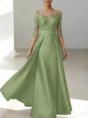 A Line Princess Scoop Satin Mother Of The Bride Dresses 3 4 Sleeves Lace Floor Length Floral