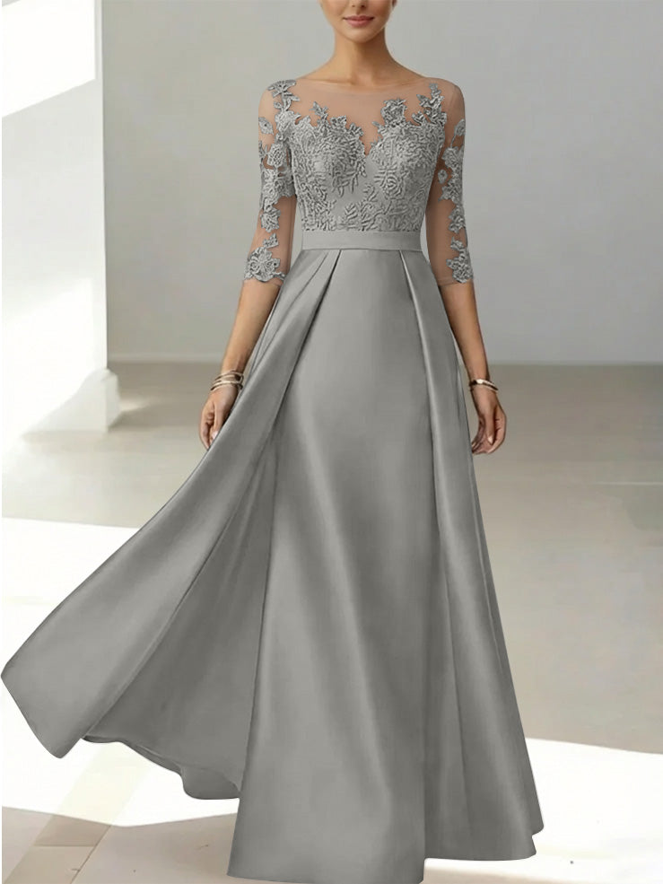 A Line Princess Scoop Satin Mother Of The Bride Dresses 3 4 Sleeves Lace Floor Length Floral