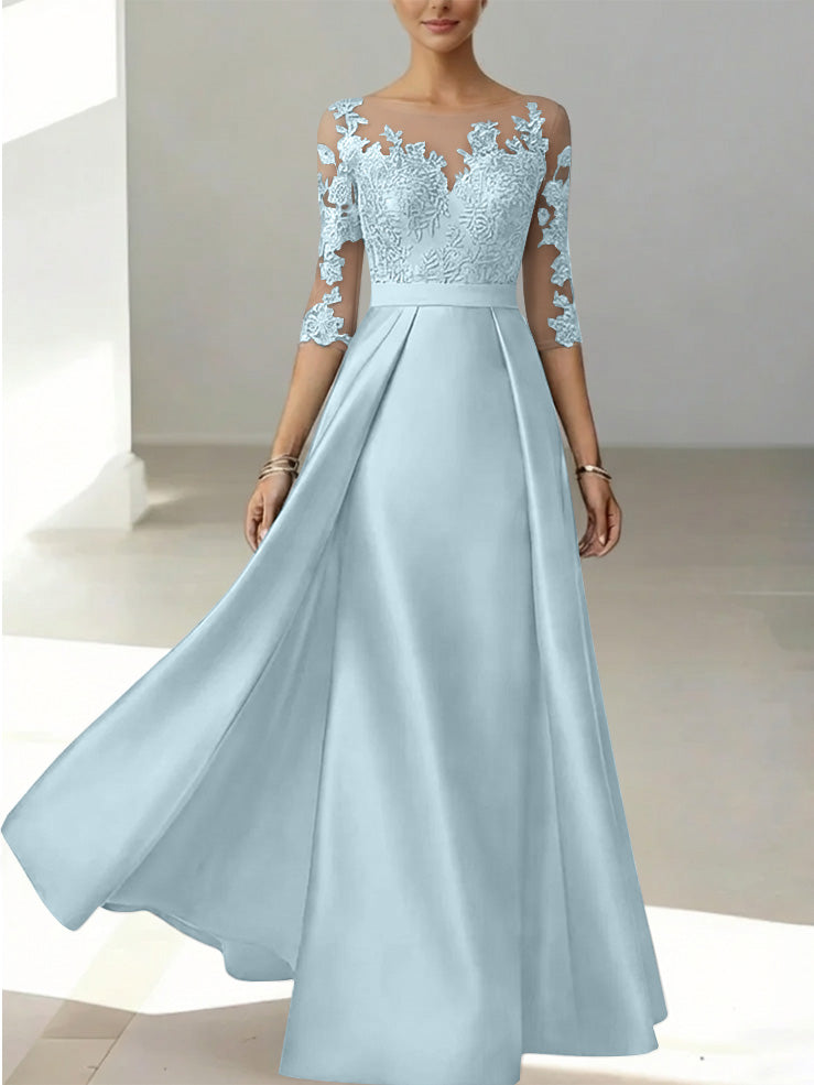 A Line Princess Scoop Satin Mother Of The Bride Dresses 3 4 Sleeves Lace Floor Length Floral