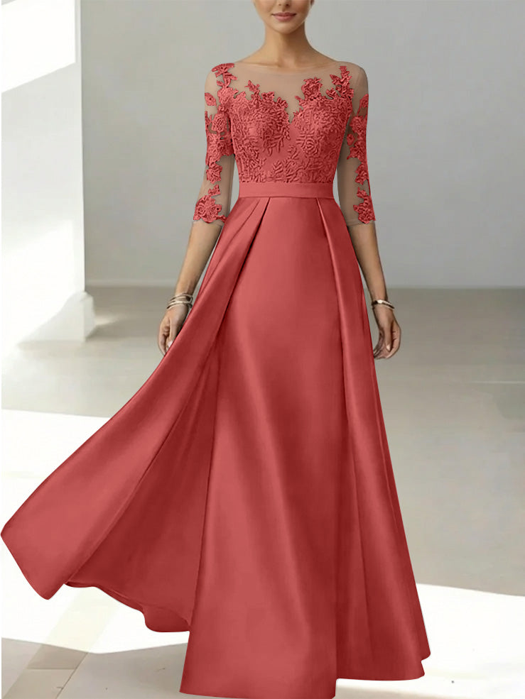 A Line Princess Scoop Satin Mother Of The Bride Dresses 3 4 Sleeves Lace Floor Length Floral