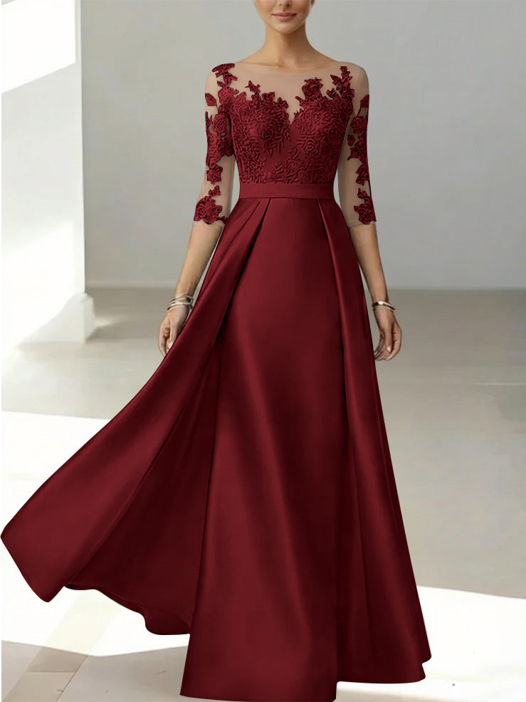 A Line Princess Scoop Satin Mother Of The Bride Dresses 3 4 Sleeves Lace Floor Length Floral