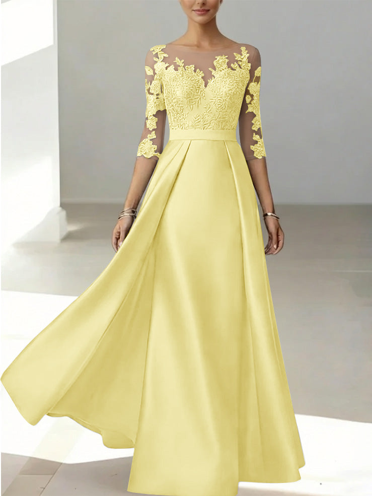 A Line Princess Scoop Satin Mother Of The Bride Dresses 3 4 Sleeves Lace Floor Length Floral