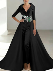 A-Line/Princess Shirt Collar Satin Mother of the Bride Jumpsuit Overskirt Floral Sequins Pocket Half Sleeves Floor-Length