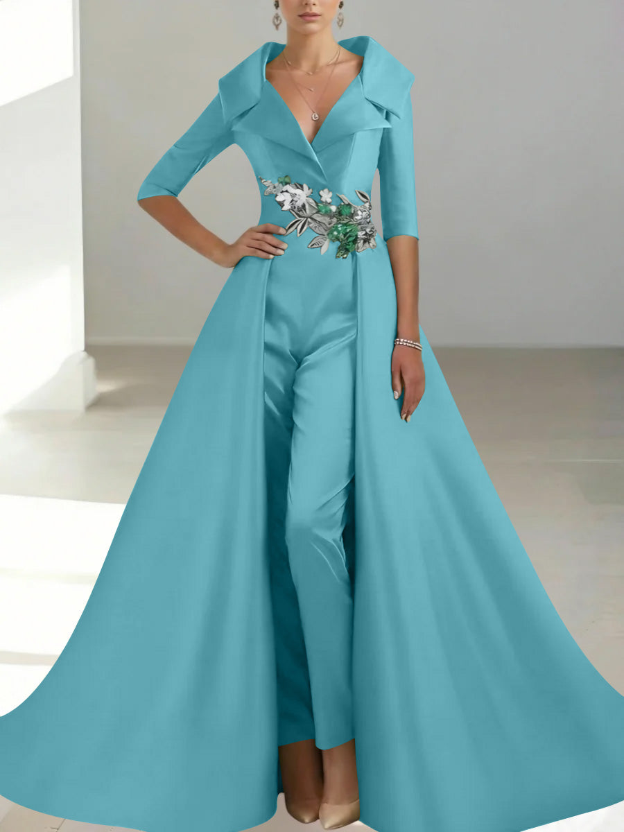 A Line Princess Shirt Collar Satin Mother Of The Bride Jumpsuit Overskirt Floral Sequins Pocket Half Sleeves Floor Length