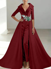 A-Line/Princess Shirt Collar Satin Mother of the Bride Jumpsuit Overskirt Floral Sequins Pocket Half Sleeves Floor-Length