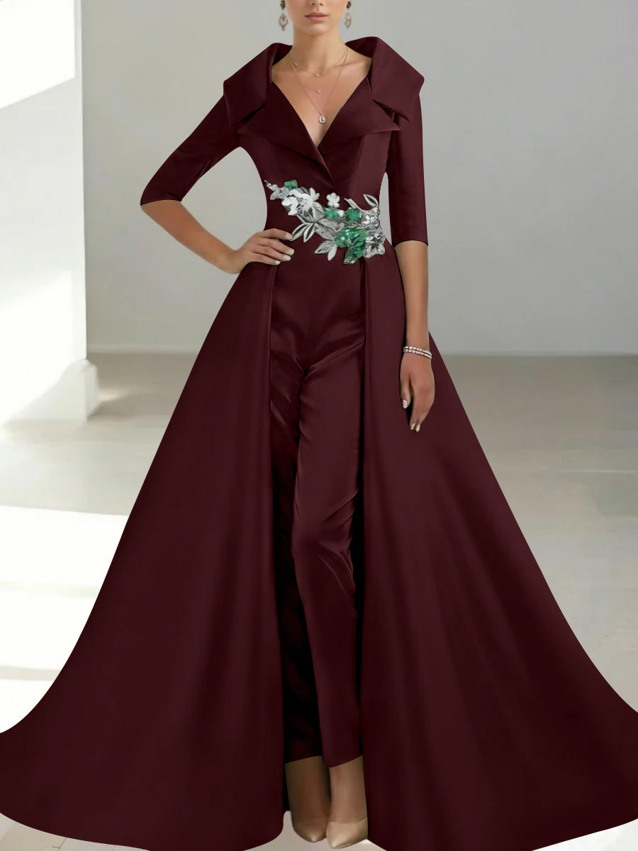 A Line Princess Shirt Collar Satin Mother Of The Bride Jumpsuit Overskirt Floral Sequins Pocket Half Sleeves Floor Length