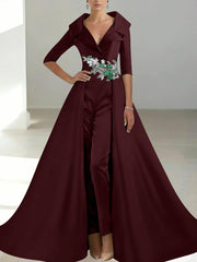 A-Line/Princess Shirt Collar Satin Mother of the Bride Jumpsuit Overskirt Floral Sequins Pocket Half Sleeves Floor-Length