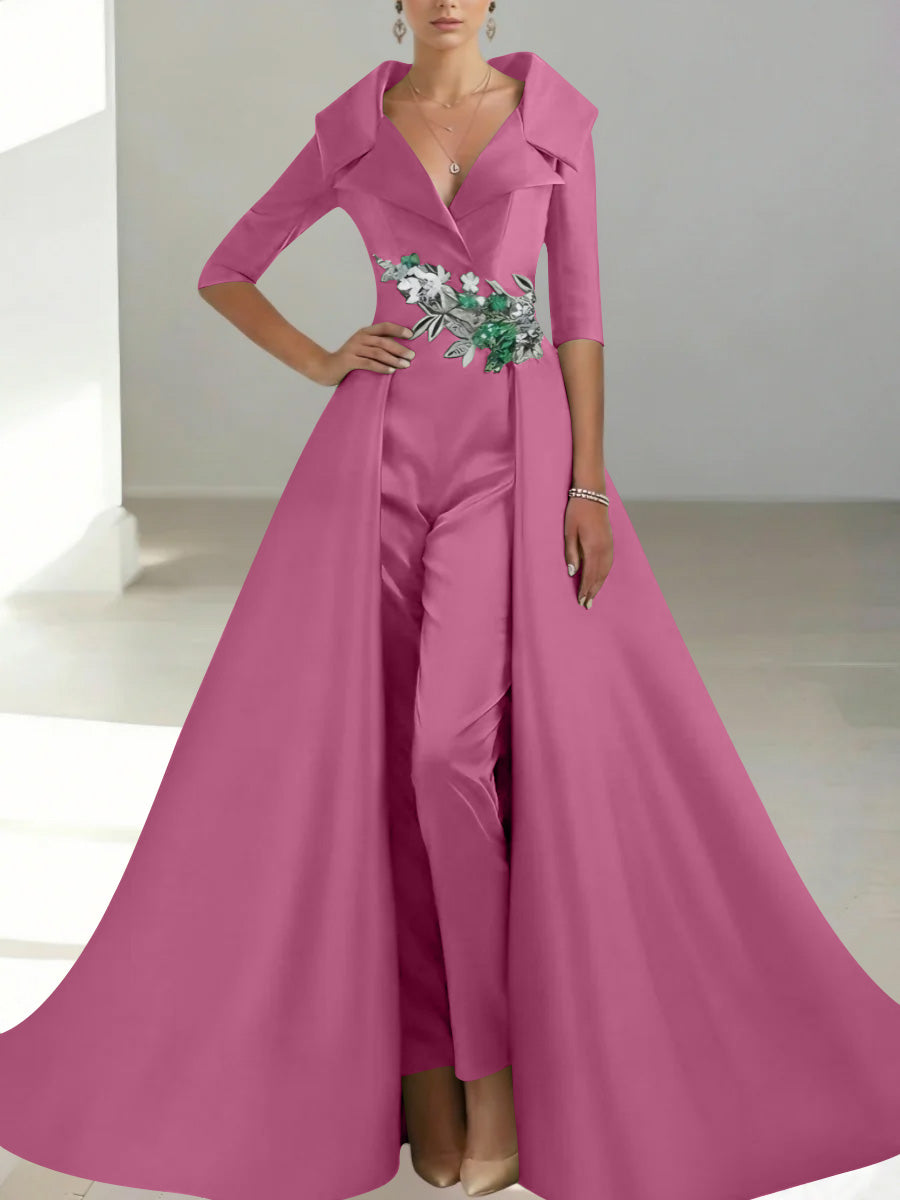 A Line Princess Shirt Collar Satin Mother Of The Bride Jumpsuit Overskirt Floral Sequins Pocket Half Sleeves Floor Length