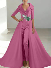 A-Line/Princess Shirt Collar Satin Mother of the Bride Jumpsuit Overskirt Floral Sequins Pocket Half Sleeves Floor-Length