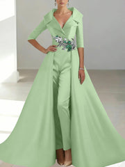 A Line Princess Shirt Collar Satin Mother Of The Bride Jumpsuit Overskirt Floral Sequins Pocket Half Sleeves Floor Length