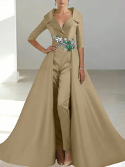 A-Line/Princess Shirt Collar Satin Mother of the Bride Jumpsuit Overskirt Floral Sequins Pocket Half Sleeves Floor-Length