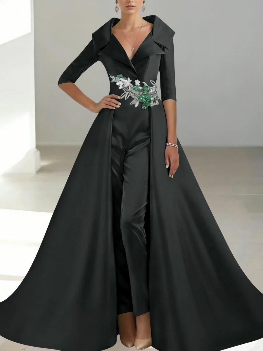 A Line Princess Shirt Collar Satin Mother Of The Bride Jumpsuit Overskirt Floral Sequins Pocket Half Sleeves Floor Length