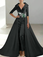 A Line Princess Shirt Collar Satin Mother Of The Bride Jumpsuit Overskirt Floral Sequins Pocket Half Sleeves Floor Length