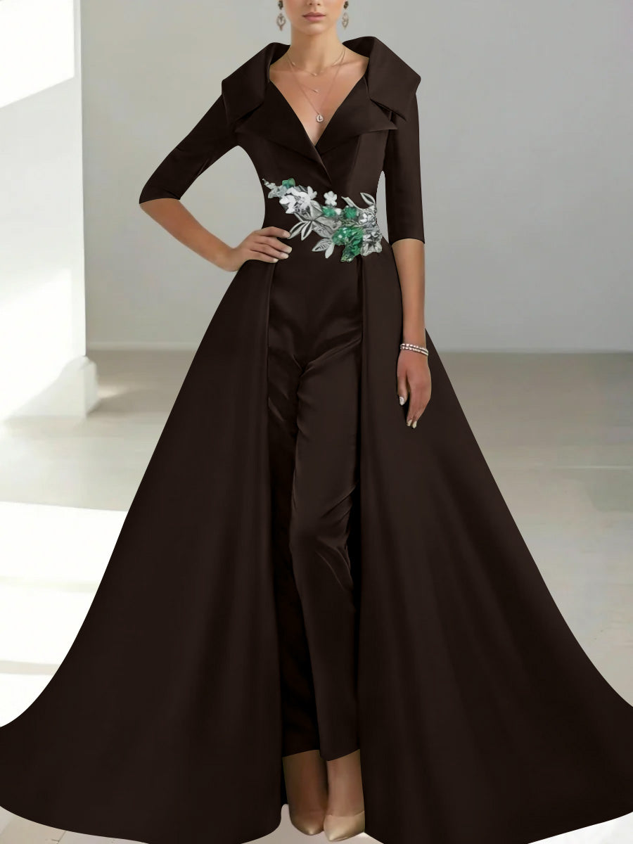 A Line Princess Shirt Collar Satin Mother Of The Bride Jumpsuit Overskirt Floral Sequins Pocket Half Sleeves Floor Length