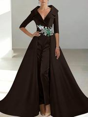 A Line Princess Shirt Collar Satin Mother Of The Bride Jumpsuit Overskirt Floral Sequins Pocket Half Sleeves Floor Length