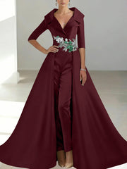 A-Line/Princess Shirt Collar Satin Mother of the Bride Jumpsuit Overskirt Floral Sequins Pocket Half Sleeves Floor-Length