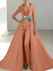 A Line Princess Shirt Collar Satin Mother Of The Bride Jumpsuit Overskirt Floral Sequins Pocket Half Sleeves Floor Length