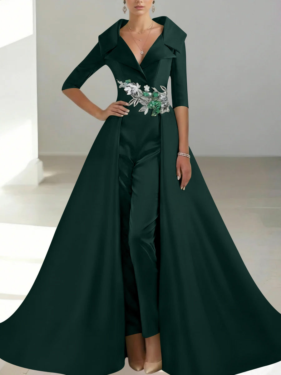 A Line Princess Shirt Collar Satin Mother Of The Bride Jumpsuit Overskirt Floral Sequins Pocket Half Sleeves Floor Length