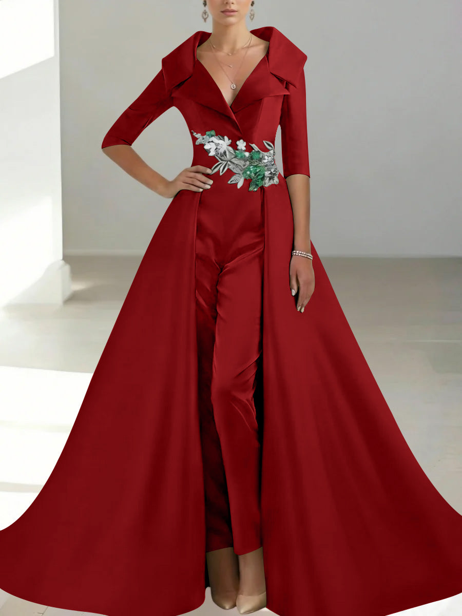 A Line Princess Shirt Collar Satin Mother Of The Bride Jumpsuit Overskirt Floral Sequins Pocket Half Sleeves Floor Length