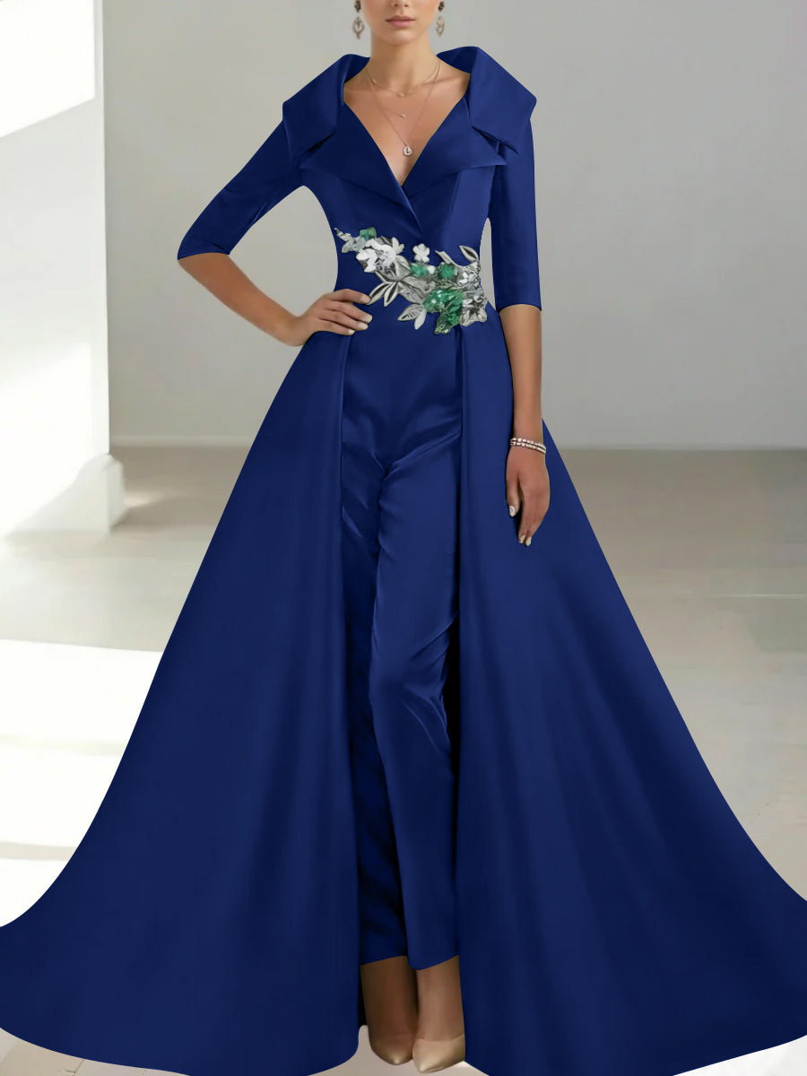 A Line Princess Shirt Collar Satin Mother Of The Bride Jumpsuit Overskirt Floral Sequins Pocket Half Sleeves Floor Length