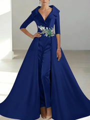 A-Line/Princess Shirt Collar Satin Mother of the Bride Jumpsuit Overskirt Floral Sequins Pocket Half Sleeves Floor-Length