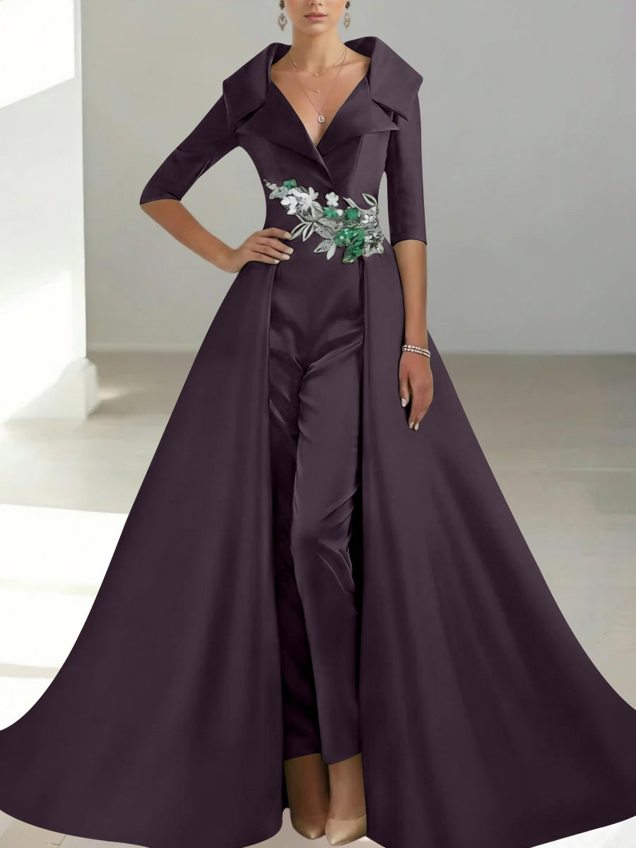 A Line Princess Shirt Collar Satin Mother Of The Bride Jumpsuit Overskirt Floral Sequins Pocket Half Sleeves Floor Length