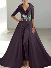 A-Line/Princess Shirt Collar Satin Mother of the Bride Jumpsuit Overskirt Floral Sequins Pocket Half Sleeves Floor-Length