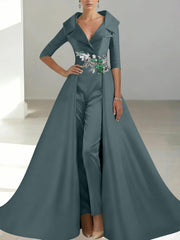 A-Line/Princess Shirt Collar Satin Mother of the Bride Jumpsuit Overskirt Floral Sequins Pocket Half Sleeves Floor-Length